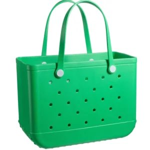 Green perforated tote sample documented for custom handbag manufacturing review