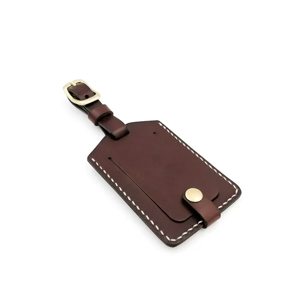 Leather luggage tag sample for custom handbag manufacturing hardware review
