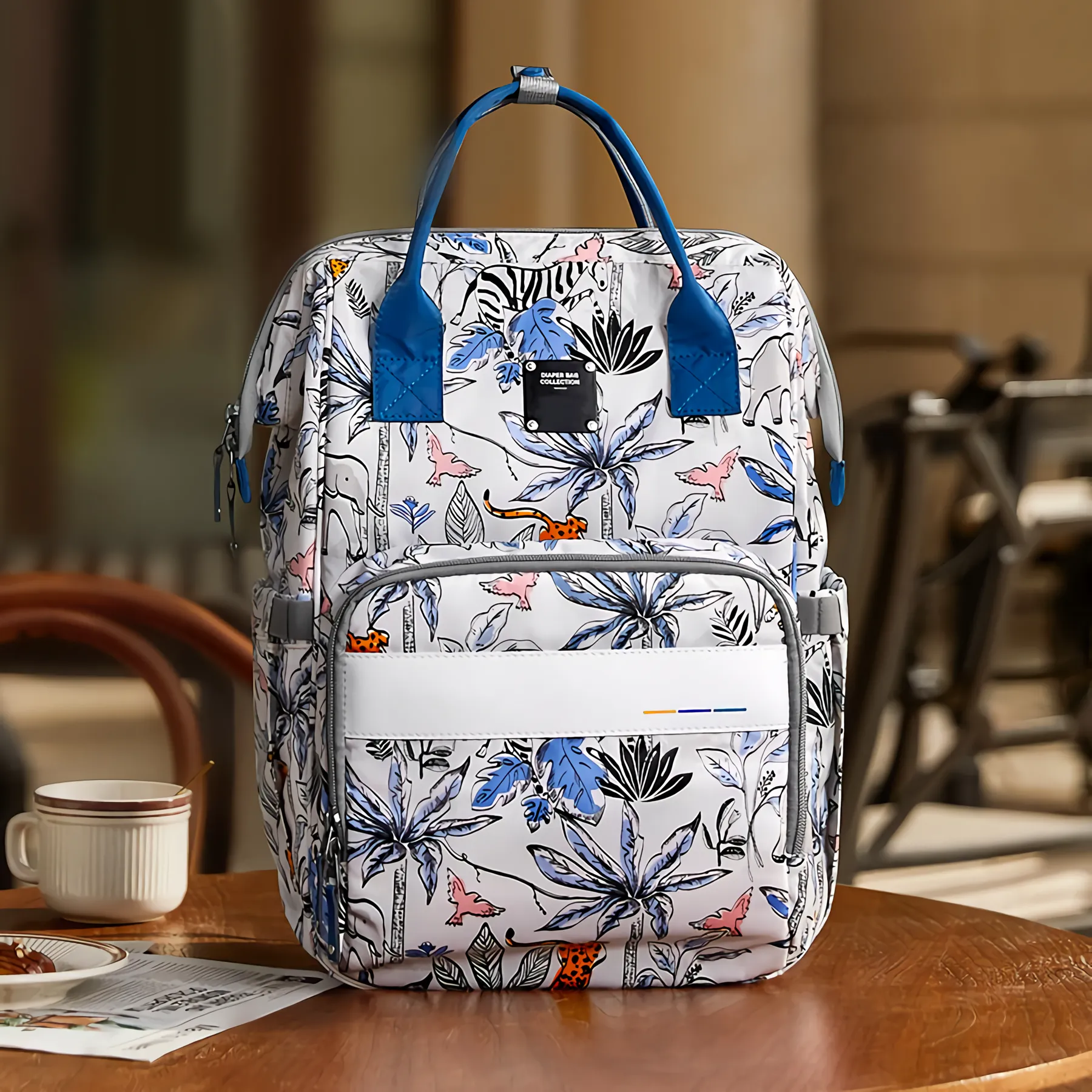 Printed diaper backpack sample for private label handbag production review