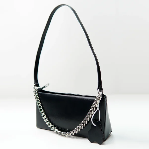 Black shoulder bag sample with chain hardware for private label handbag production