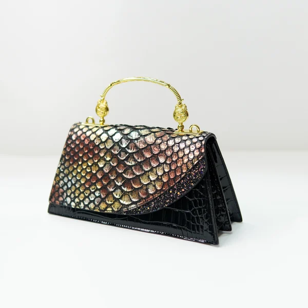 Structured handbag sample with scale-pattern flap for OEM/ODM contract manufacturing review