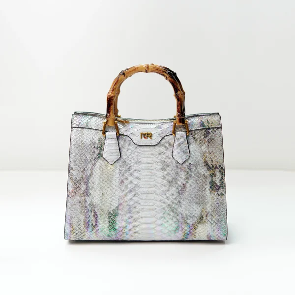 Embossed snakeskin-pattern tote sample for custom handbag manufacturing review