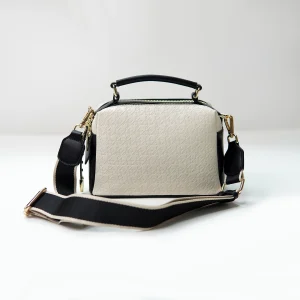 Box handbag sample with patterned panel for private label handbag production