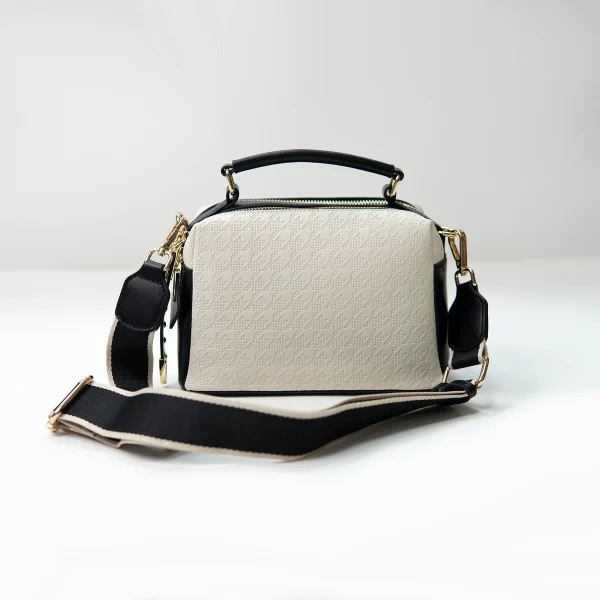 Box handbag sample with patterned panel for private label handbag production