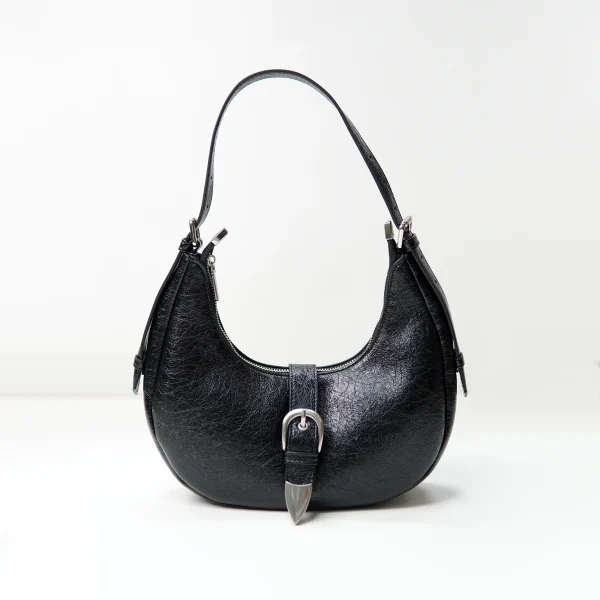 Black crescent shoulder bag sample for custom handbag manufacturing review