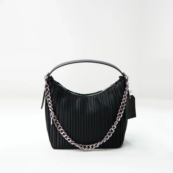 Black pleated shoulder bag sample for custom handbag manufacturing review