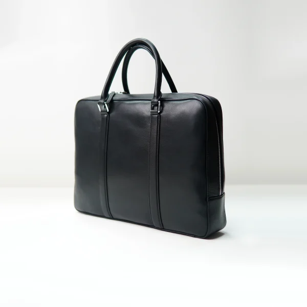 Black leather document bag sample for custom handbag manufacturing review