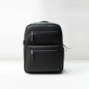 Black leather backpack sample for custom handbag manufacturing review