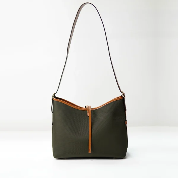 Shoulder bag sample with fabric body for custom handbag manufacturing review