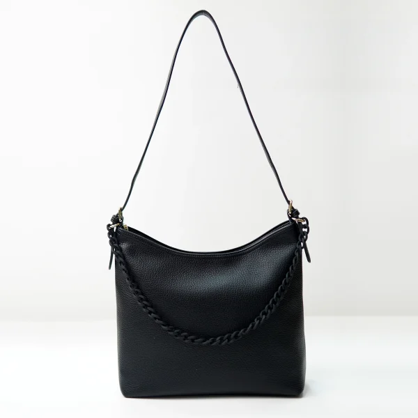 Black pebbled leather shoulder bag sample for custom handbag manufacturing review