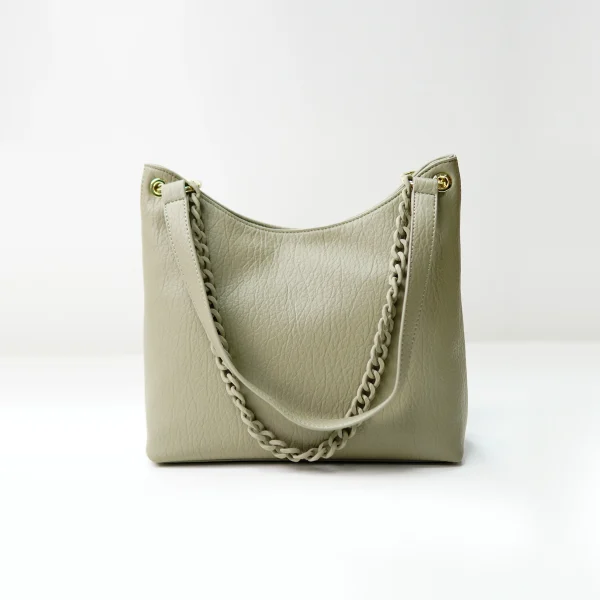 Pebbled leather tote sample for custom handbag manufacturing with chain strap
