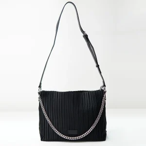 Pleated black shoulder bag sample for private label handbag production review
