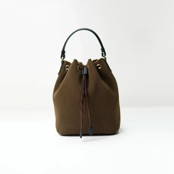 Pleated drawstring bucket bag sample for custom handbag manufacturing review