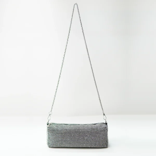 Rhinestone mesh shoulder bag sample for private label handbag production review