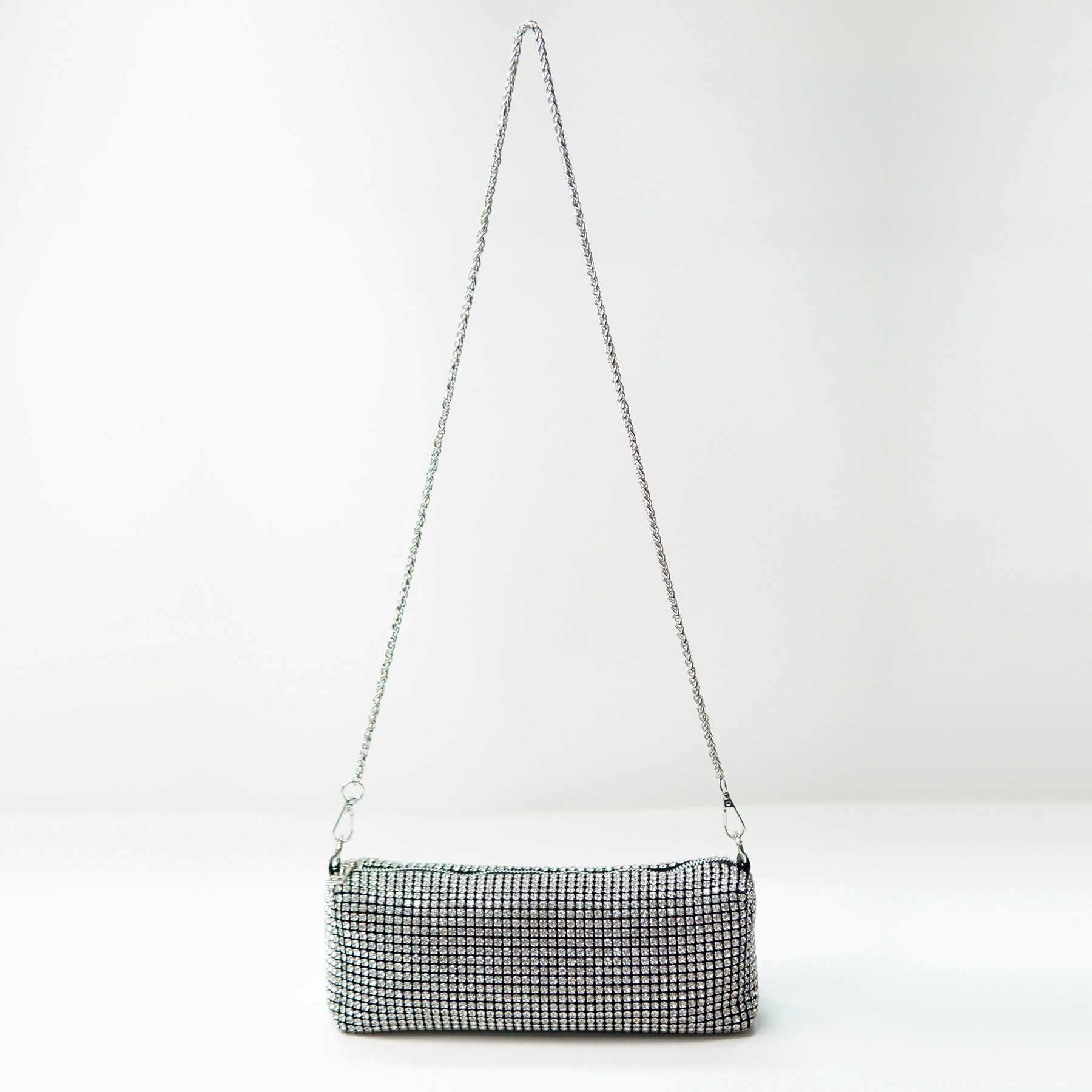 Rhinestone mesh shoulder bag sample for private label handbag production review