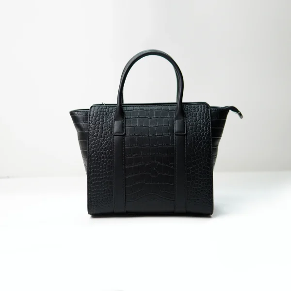 Black crocodile-embossed tote bag sample for custom handbag manufacturing review