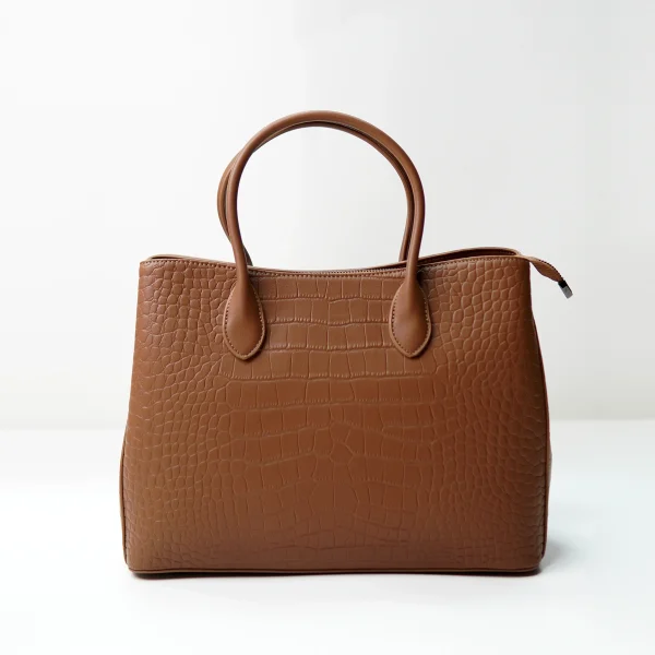 Croc-embossed brown tote sample for custom handbag manufacturing review