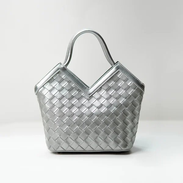 Silver woven handbag sample for custom handbag manufacturing review