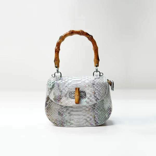 Bamboo-handle snakeskin-pattern handbag sample for private label handbag production review