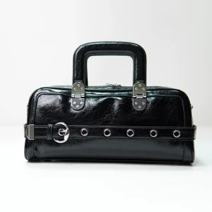 Black structured handbag sample for custom handbag manufacturing hardware review