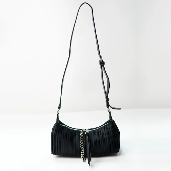 Black pleated shoulder bag sample for private label handbag production review