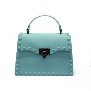 Turquoise studded handbag sample for custom handbag manufacturing review