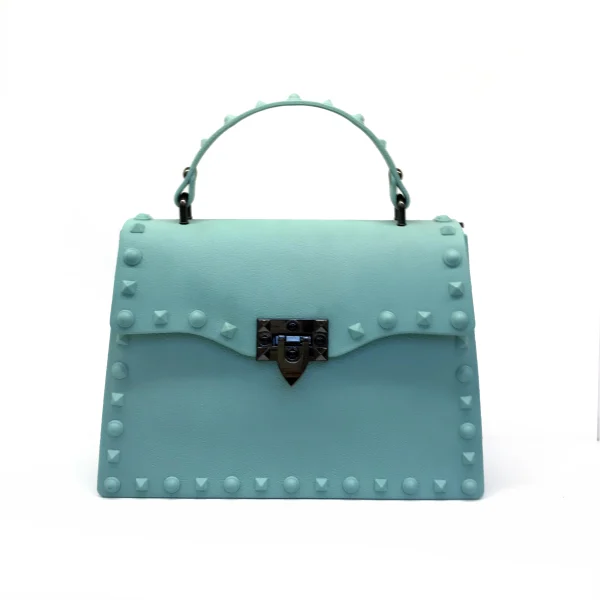 Turquoise studded handbag sample for custom handbag manufacturing review
