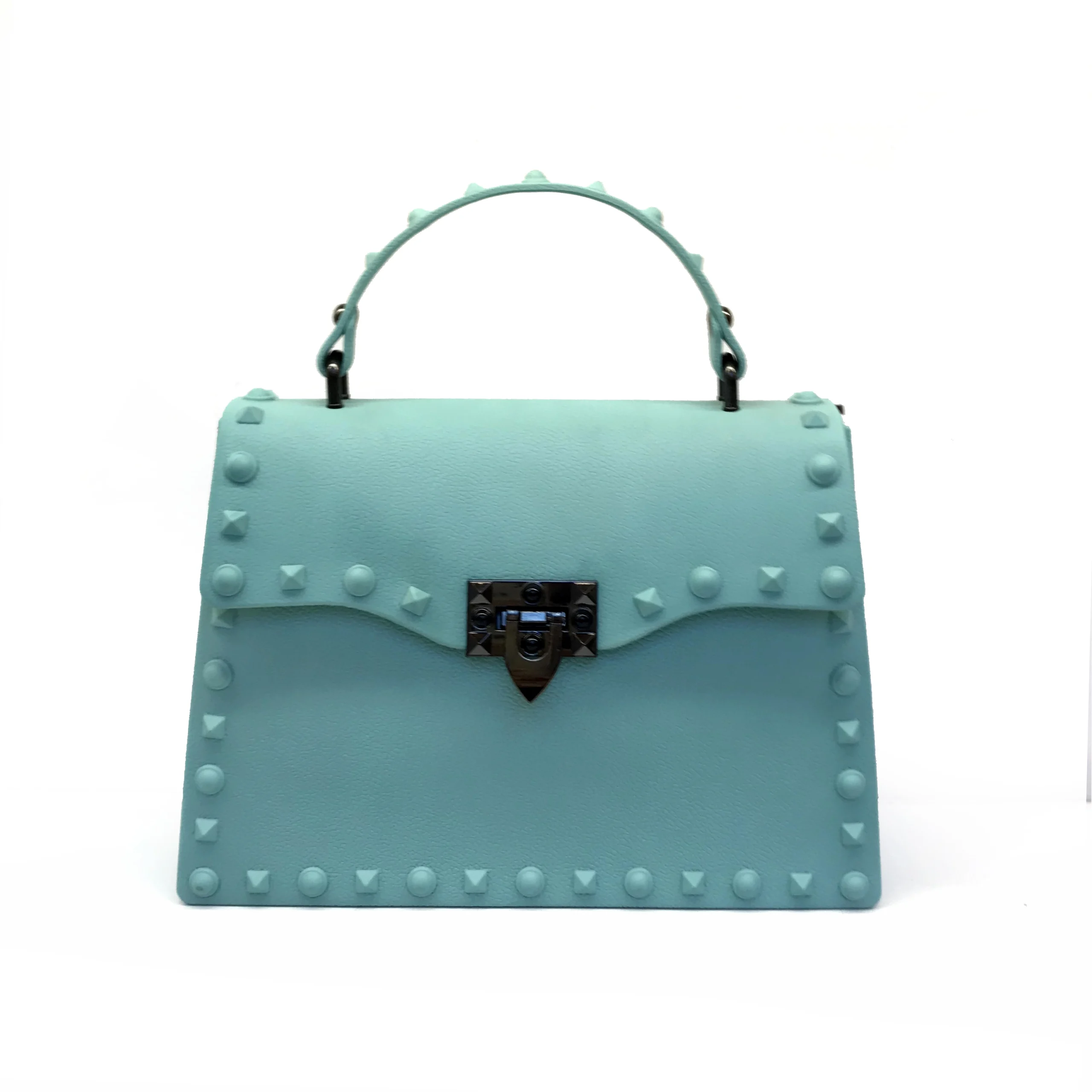 Turquoise studded handbag sample for custom handbag manufacturing review