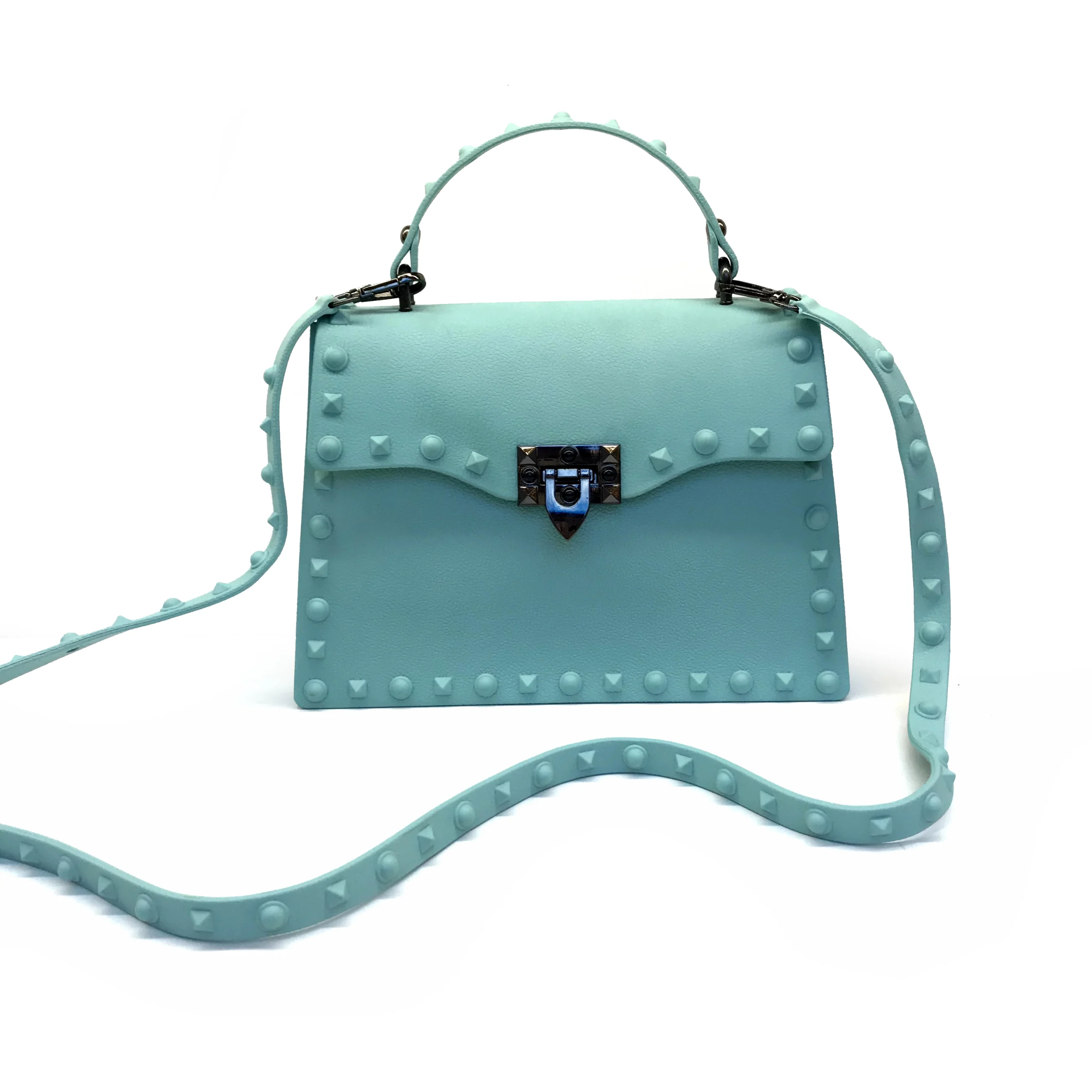 Turquoise studded shoulder bag sample for private label handbag production review
