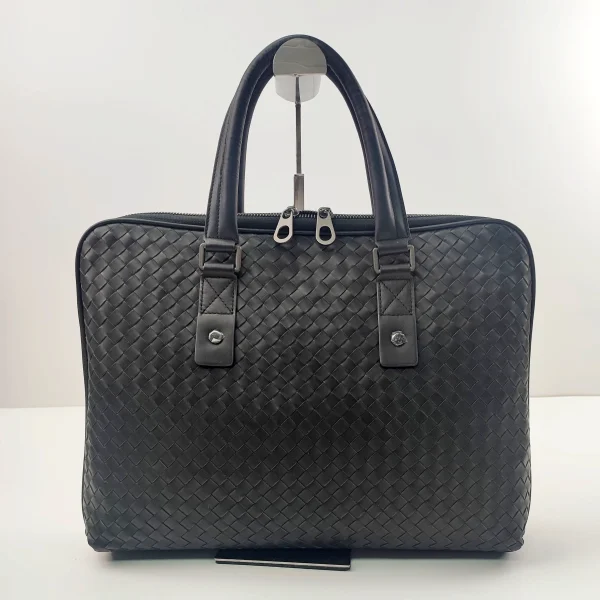 Woven black leather briefcase sample for custom handbag manufacturing review
