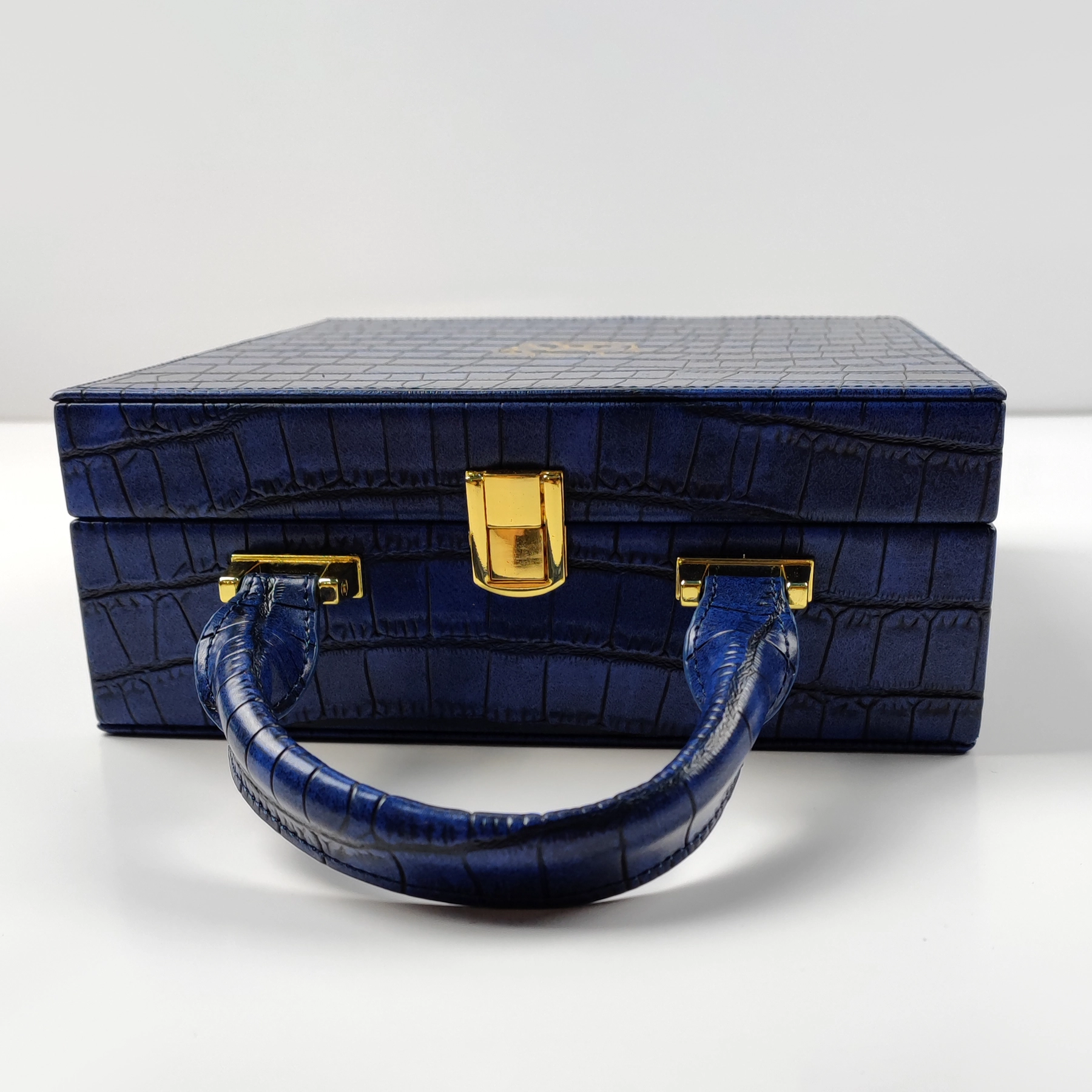 Blue crocodile-embossed box handbag sample for custom handbag manufacturing review