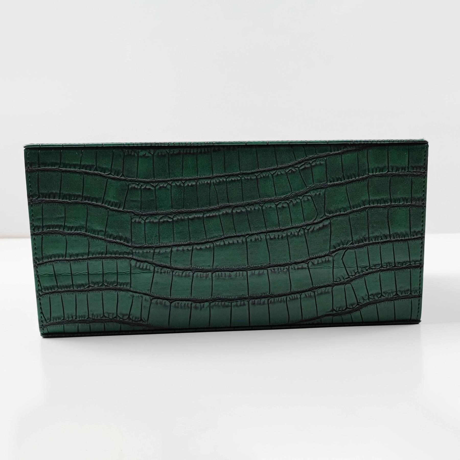 Embossed green handbag component for custom handbag manufacturing sample review