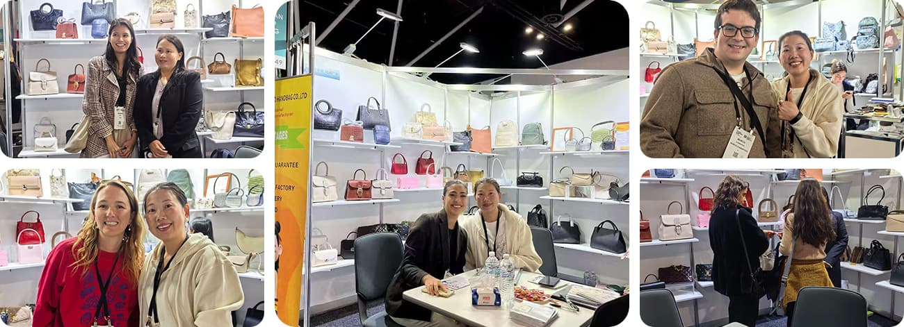 Handbag factory China exhibition booth displaying samples for OEM buyer review
