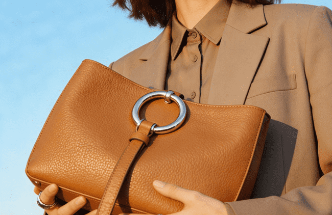 Pebbled leather handbag sample with ring hardware for custom handbag manufacturing review