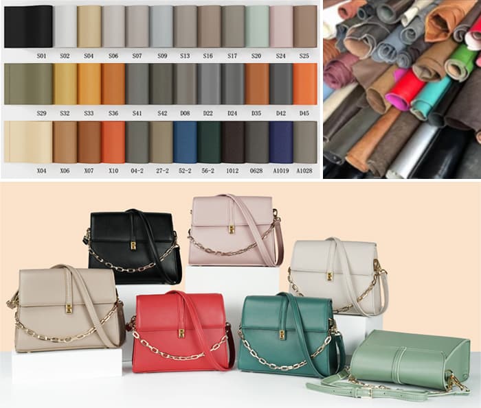 Color swatch and handbag samples for custom handbag manufacturing review