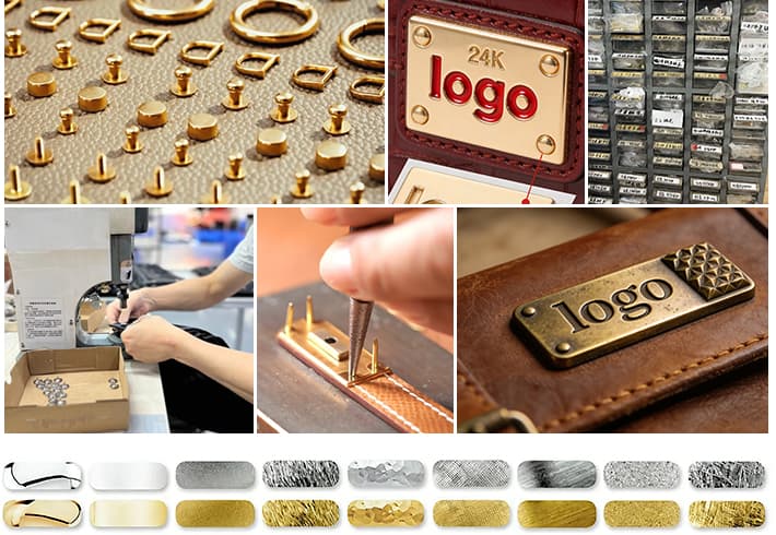 Custom handbag manufacturer hardware samples and logo plates for production review