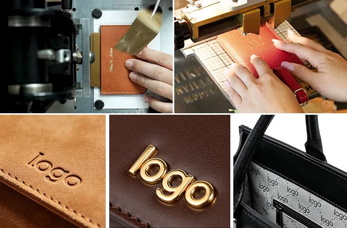 Logo embossing and hardware branding processes for custom handbag manufacturing