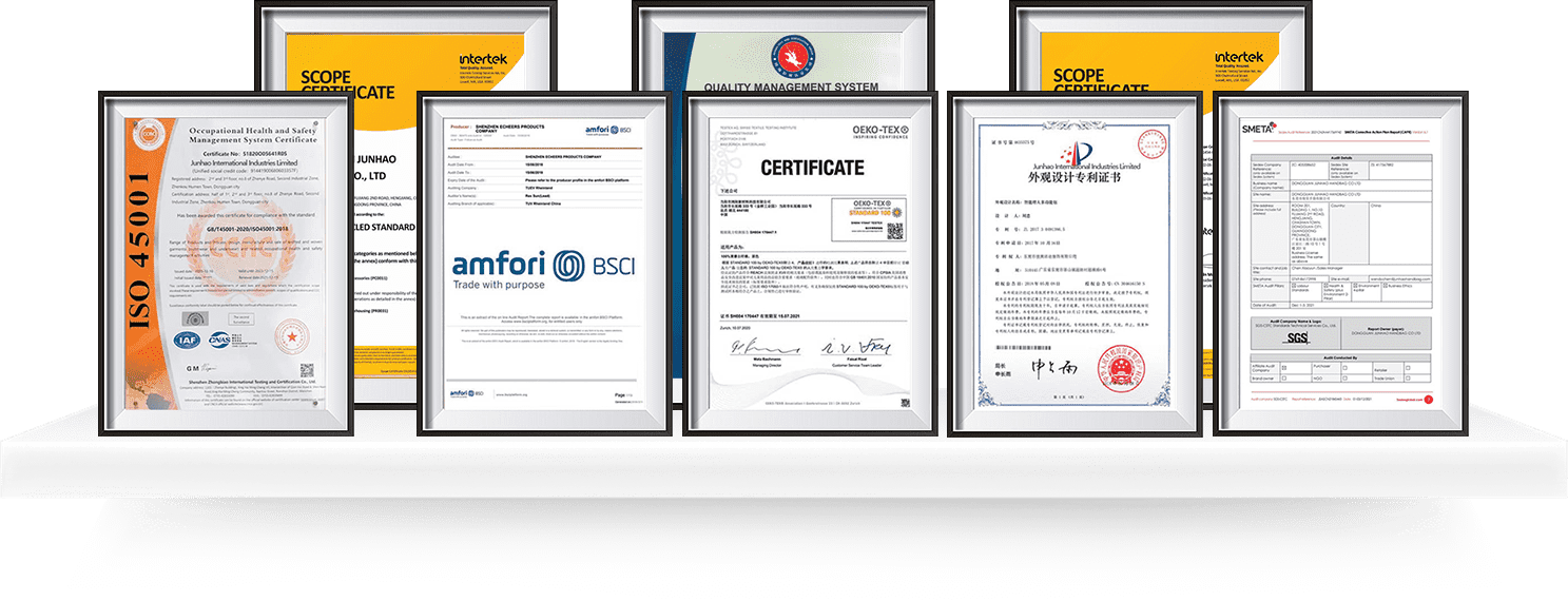 Quality assurance certificates displayed for custom handbag manufacturer audit documentation