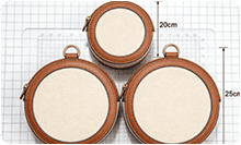Round handbag size options documented for custom handbag manufacturing specification review
