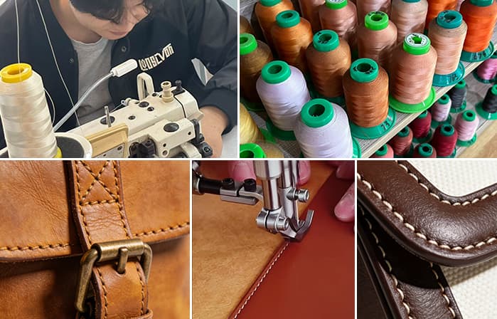 Thread stitching options documented for custom handbag manufacturing seam-path control