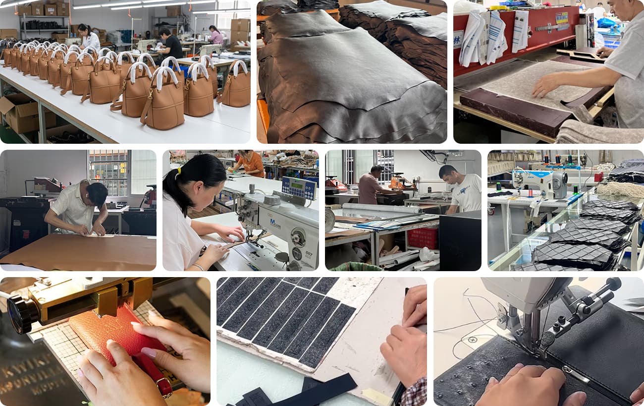 Handbag factory process collage showing cutting stitching inspection and assembly workflow