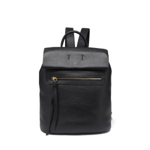 Black leather backpack sample documented for custom handbag manufacturing review