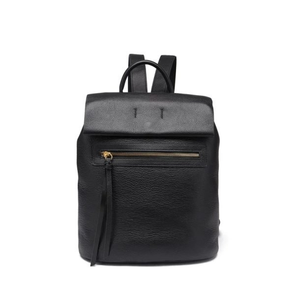 Black leather backpack sample documented for custom handbag manufacturing review