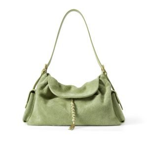 Custom handbag manufacturer sample with green suede shoulder bag and strap hardware