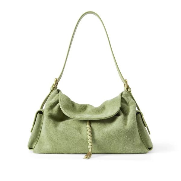 Custom handbag manufacturer sample with green suede shoulder bag and strap hardware