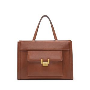 Brown structured tote bag sample for custom handbag manufacturing review