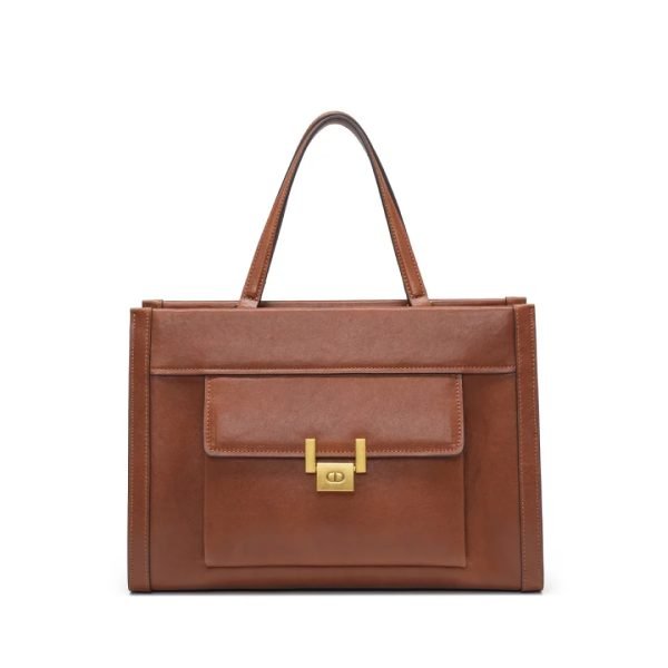 Brown structured tote bag sample for custom handbag manufacturing review