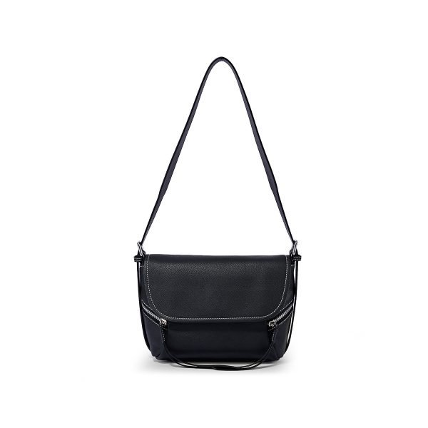 Black flap shoulder bag sample for custom handbag manufacturing review
