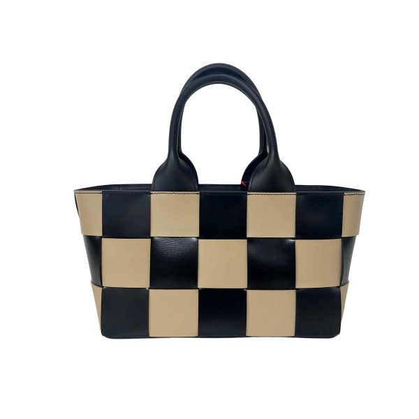 Checkered handbag sample documented for custom handbag manufacturing specification review