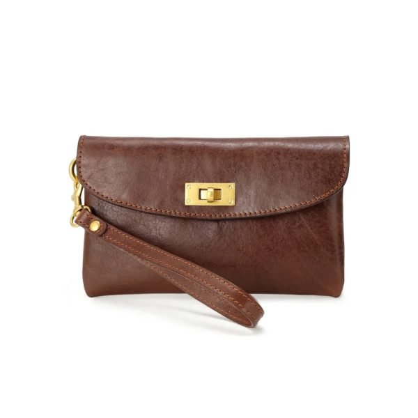 Brown leather clutch sample with wrist strap for custom handbag manufacturing review